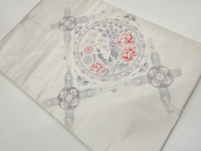 Nagoya obi with peacock and flowers embroidered with silver pieces
